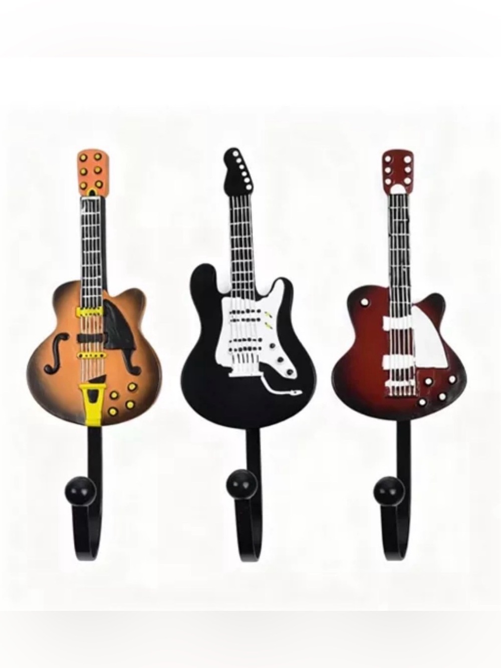 Set of 3 Mini Guitar Wall Hooks - Black, Sunburst, Brown